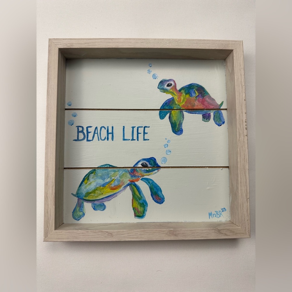 Hand crafted (hand painted) wall art decor. “Beach life” turtles.